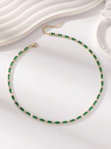 1pc Vintage Charm Elegant Versatile Sparkling Cubic Zirconia Geometric Brass Necklace Choker For Women And Girls, Daily Wear, Teacher's Day, Mother's Day, Valentine's Day, Goddess Day, Thanksgiving, New Year Gift - Dark Green - View 7