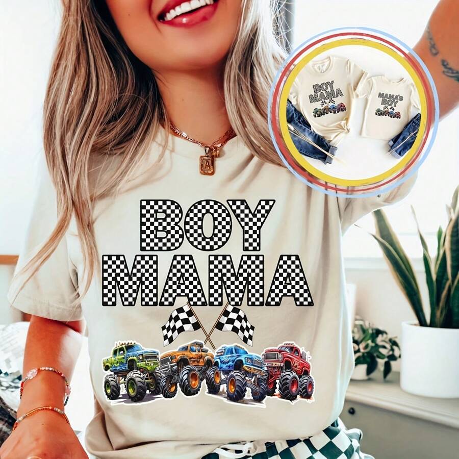 Boy Mama ,Mama's Boy, Mother and Me Mini Matching Outfits, Mom and Son, Mommy, New Mom Dad, Mom's Birthday, Baby Boy Shower, Toddler, Trucks - Blanco - Ver 1