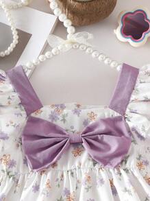 2 件装女婴甜美蝴蝶结字母印花上衣和荷叶边短裤套装，可爱优雅的街头风格 - 彩色 - 查看 3