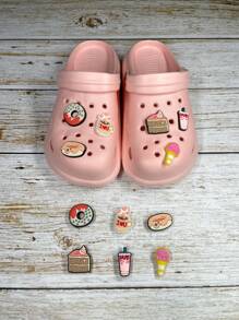 New 2025 Summer Lightweight Women Hollow Slip-On Sandals With Cake & Ice Cream Cartoon Pattern, Breathable Casual Beach Slides With Removable Flower Decor, DIY Combination (Size Runs Small, Please Order 1 Or 2 Sizes Up)