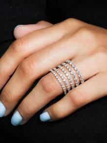 ESBERRY 1pc 1.5-2mm Round Cut Wedding Band Ring, Half Eternity Diamond Engagement Ring, Stackable, Single Claw Set - Silver - View 7