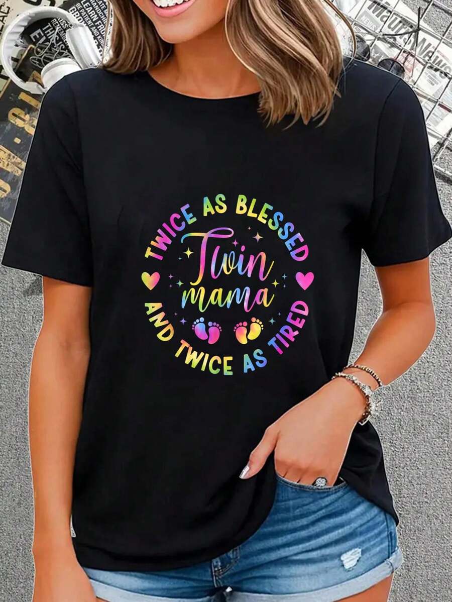 100% Cotton Twin Mama Twice As Bless Twin Mom Of Twins Twin Mother T-Shirt - Black - View 1