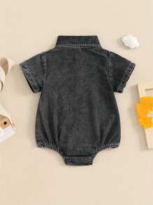 Mono vaquero para bebés, niños y niñas, color liso, manga corta, cuello vuelto, monos de verano con botones, monos casuales - Gris Oscuro - Ver 3