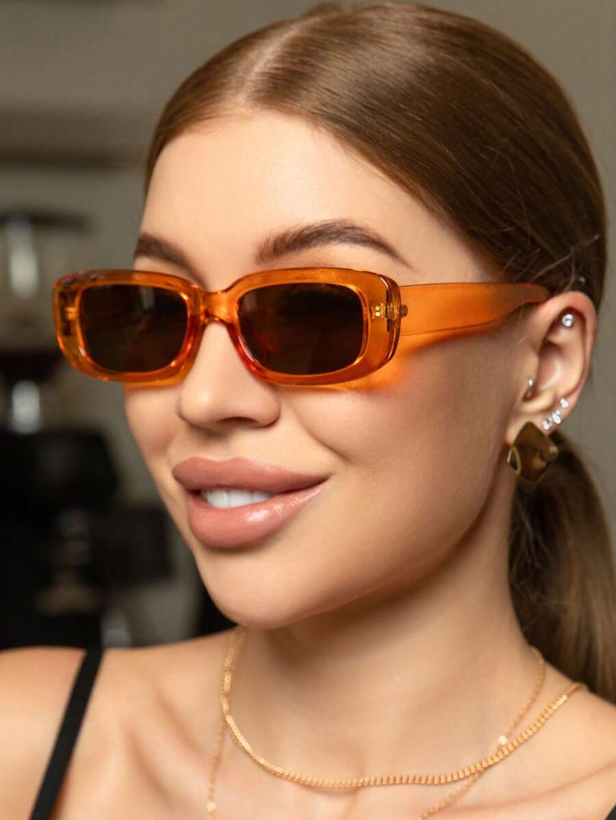 Retro Rectangle Plastic Sunglasses For Men & Women, Fashion Classic Design For Outdoor Travel Beach Vacation, Casual Daily Wear, Driving UV Protection Fashionable Shade Elegant Outfit Family Outings Travel Vacation Holiday - 橘色 - 查看 1