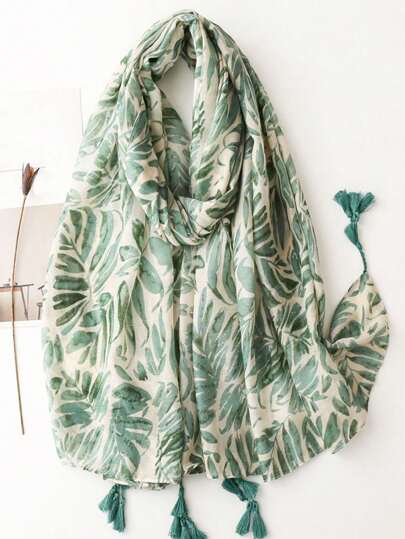 New Breathable Tassel Shawl, Elegant Style Scarf, Fashion Women's Silk Scarf With Ditsy Floral, Versatile For Spring/Summer Outdoor Sun Protection, Beach Wrap