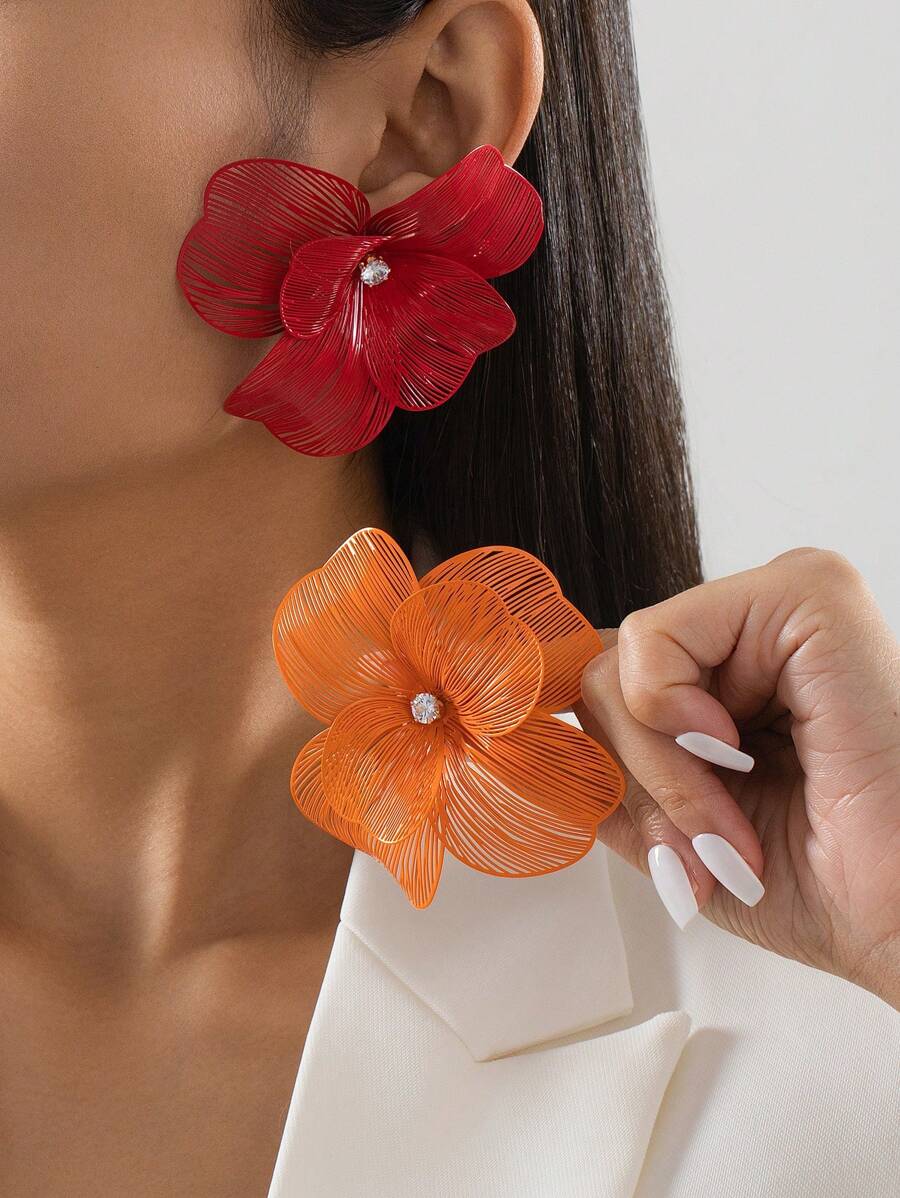 1 对夸张、多层、镂空、花卉耳钉，欧美原创设计，时尚百搭，性感个性女士耳环，适合派对、晚宴、约会、拍照 - 橘色大花耳環 - 查看 1