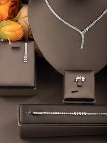 1 Bộ trang sức hình giọt nước khảm Cubic Zirconia đơn giản bao gồm 1 đôi bông tai, 1 vòng cổ, 1 vòng tay, 1 nhẫn, phù hợp cho phụ nữ trong những dịp trang trọng (Không có hộp quà) - bạc - Xem 2