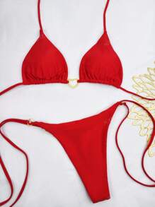 Conjunto de bikini 2024 de tejido de nailon con tirantes de contraste de color en forma de corazón, para mujeres, traje de baño para playa, resort y spa