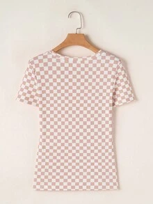 Acelitt Colorblock Checkerboard Print Ribbed Slim Fit Round Neck Short Sleeve T-Shirt, Summer Casual Pink - Pink - View 4