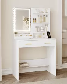 Hzuaneri Dressing Table With LED Light, 2 Sockets And 2 USB Ports Dressing Table With 2 Drawers And 4 Open Shelves, Storage Organiser Compartment. Suitable For Bedroom, Living Room, White - White - View 1