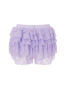 Women Ruffle Lace Shorts Bloomers Summer Casual Layered Tiered Pleated Slim Fit Floral Lace Trim Shorts - Purple - View 7
