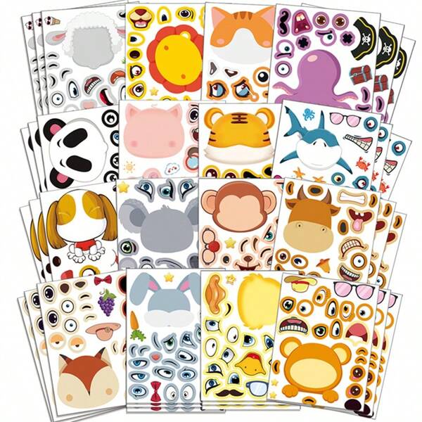 12-48 Sheets Cute Animal Face Changing Stickers Children Education Puzzle Toys Stickers Creative DIY Emotion Animal Cognitive Toys ﻿