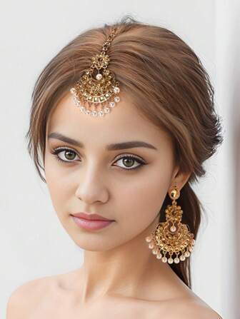 3PCS/Set Fashionable Luxurious Style Faux Pearl Pendant Earrings+Forehead Chain Jewelry Set Suitable For Women Daily Life, Girls Banquets Accessories