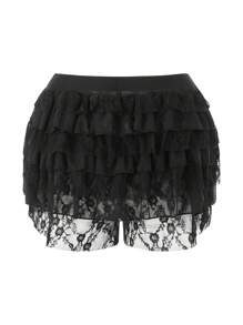 Women Ruffle Lace Shorts Bloomers Summer Casual Layered Tiered Pleated Slim Fit Floral Lace Trim Shorts - màu đen - Xem 4