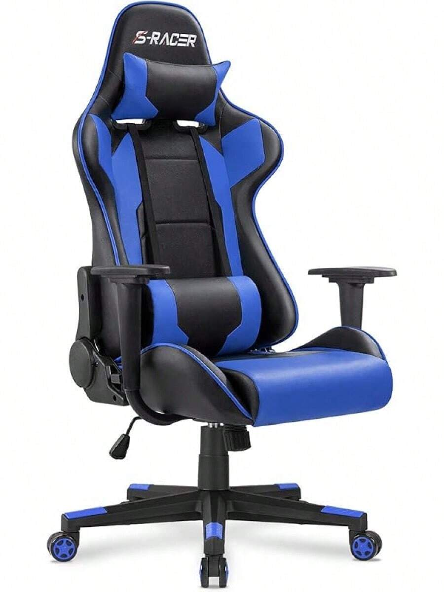 Homall Gaming Chair, Office Chair High Back Computer Chair Leather Desk Chair Racing Executive Ergonomic Adjustable Swivel Task Chair With Headrest And Lumbar Support (White) - Blue - View 1