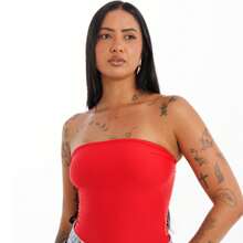 Women's Basic Tube Top, Strapless, Long, Double Polyamide Tube Top, Without Pads - Red - View 2