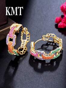 KMT 2pcs Copper Zirconia Geometric Chain Luxurious Creative Design Women's Fashion Hoop Earrings Gift Box, Suitable For Valentine's Day, Daily Date, Party Event