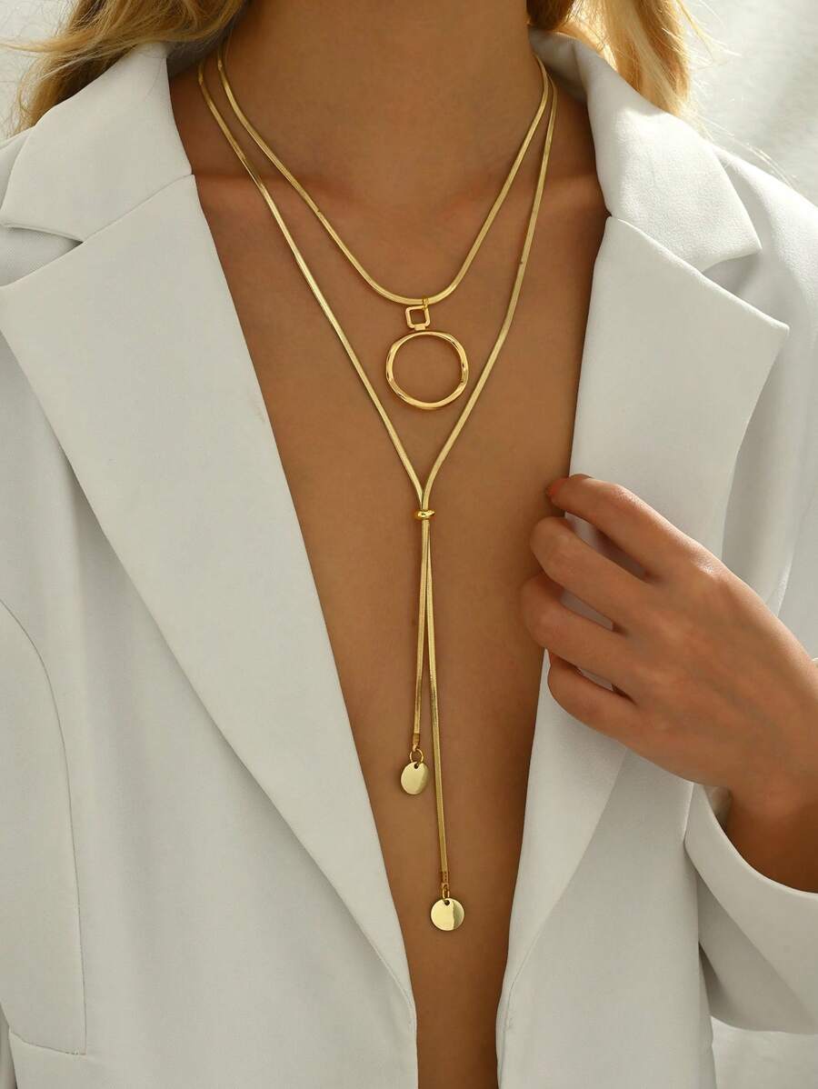 Collar largo en forma de Y con cadena de serpiente de diseño minimalista, estilo europeo - amarillo dorado - Ver 1