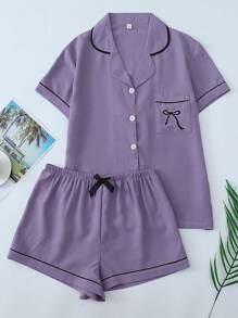 2pcs/Set Comfortable Collared Single-Breasted Short Sleeve Pocket Bow Embroidered Blouse & Bow Shorts Women Pajamas Set, Suitable For Home Use In Spring/Summer, Two Pieces Set
