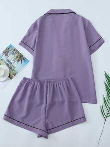 2pcs/Set Comfortable Collared Single-Breasted Short Sleeve Pocket Bow Embroidered Blouse & Bow Shorts Women Pajamas Set, Suitable For Home Use In Spring/Summer, Two Pieces Set
