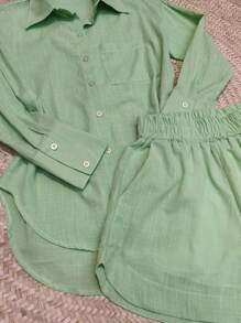2pcs Shirt And Shorts Set - Olive Green - View 2