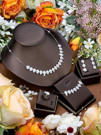 DV JEWELRY 5 件套镀白金人造锆石项链、手链、耳环、开口戒指、奢华珠宝套装、婚礼/周年纪念/派对礼物（带礼盒）