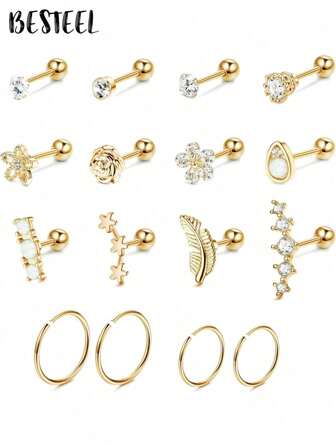 BESTEEL 1Pc Cartilage Earrings Studs For Women Surgical Stainless Steel Helix Tragus Couch Hoop Piercing Earrings Opal Shiny CZ Cartilage Earrings Gold Tone