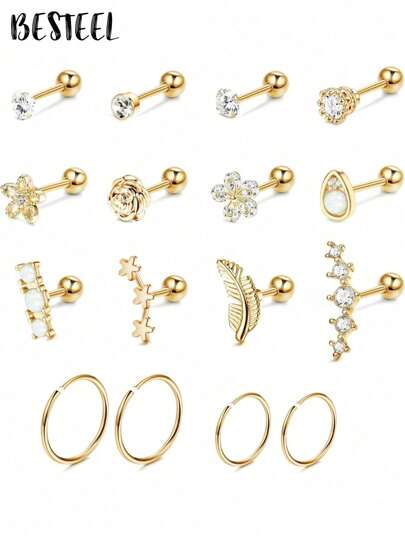 BESTEEL 1 Pieza de Aretes de Cartílago para Mujer de Acero Quirúrgico Inoxidable con Aro Tragus, Aretes de Piercing Dorados con Opalo y CZ Brillante