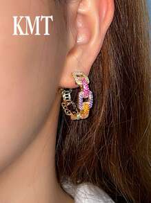 KMT 2pcs Copper Zirconia Geometric Chain Luxurious Creative Design Women's Fashion Hoop Earrings Gift Box, Suitable For Valentine's Day, Daily Date, Party Event