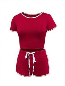 Women's 2 Pieces Sports Tracksuit Set, Short Sleeve Round Neck Top + High Waist Short Pants Sets - Red - View 2
