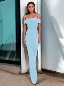 Women's Elegant Off Shoulder Wide Leg Evening Palazzo - Azul Cielo - 查看 2