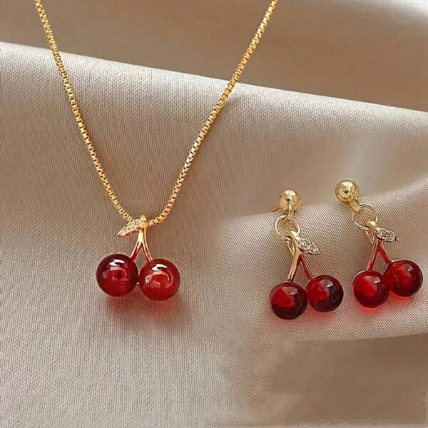 1 set Bijoux élégants aux cerises pour femmes - Collier et boucles d'oreilles de style vintage, cadeau parfait pour la Saint-Valentin
