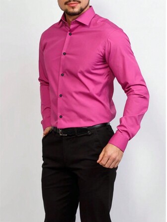 时尚洋红色男士衬衫，户外休闲洋红色长袖衬衫，多巴胺风格男士上衣，适合秋季