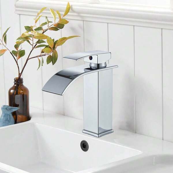 Miscelatore per lavabo con cascata, foro singolo, maniglia singola, acqua calda e fredda, cromato
