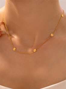 TONSI 1 set/pièce Ensemble de bijoux vintage minimaliste à la mode style Y2K, plaqué or 18 carats en acier inoxydable avec fleur de trèfle incrusté. Bracelet, collier, boucles d'oreilles. Convient pour le trajet quotidien, les sorties, les vacances d'été pour les femmes. - Doré - Voir 14