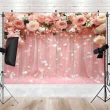 1 pièce Bannière avec fond de roses roses et de feuilles vertes, en matériau polyester, avec différentes tailles disponibles, convient pour fond de fête, décoration de fête, anniversaire, mariage, jardin, cour, décoration intérieure, suspension facile - Multicolore - Voir 4