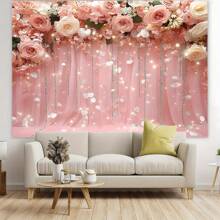 1 pièce Bannière avec fond de roses roses et de feuilles vertes, en matériau polyester, avec différentes tailles disponibles, convient pour fond de fête, décoration de fête, anniversaire, mariage, jardin, cour, décoration intérieure, suspension facile - Multicolore - Voir 5