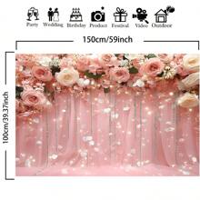 1 pièce Bannière avec fond de roses roses et de feuilles vertes, en matériau polyester, avec différentes tailles disponibles, convient pour fond de fête, décoration de fête, anniversaire, mariage, jardin, cour, décoration intérieure, suspension facile - Multicolore - Voir 2