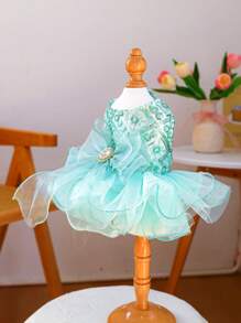 PETCIRCLE 1pc Pet Clothes Small Dog Puppy Cute Pet Multi-Layer Tulle Tutu Dress Sequin Bow Dreamy Fairy Wedding Dress - Green - Green - View 7