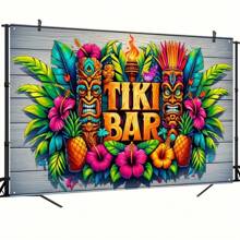 1 Vibrant Tiki Bar Tropical Floral And Totem Design Banner - Hawaiian Beach-Themed Backdrop Perfect For Party Decorations, Photo Booths, Outdoor And Garden Events