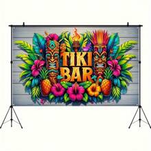 1 Vibrant Tiki Bar Tropical Floral And Totem Design Banner - Hawaiian Beach-Themed Backdrop Perfect For Party Decorations, Photo Booths, Outdoor And Garden Events