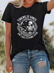 Hollow & Letter Print Casual T-Shirt, Round Neck Short Sleeve Top Spring/Summer, Women's Wear - 黑色 - 查看 1