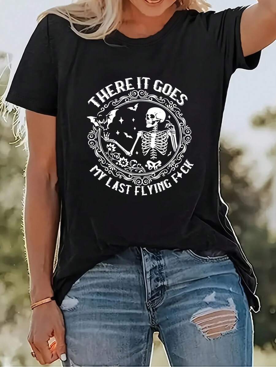 Hollow & Letter Print Casual T-Shirt, Round Neck Short Sleeve Top Spring/Summer, Women's Wear - 黑色 - 查看 1