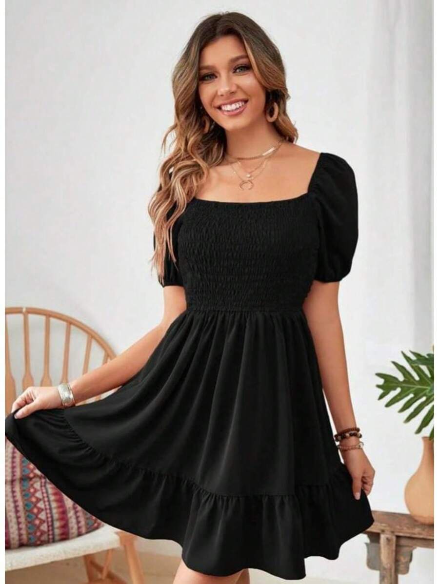 Short Peasant Dress With Short Sleeves - Black - View 1