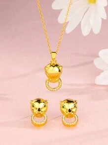 1 套/3 件金色奢华豹头锆石耳环女式动物项链耳环套装哥特式朋克珠宝女士女孩