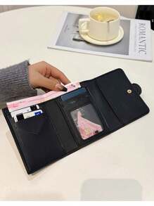 Dompet Kartu Wanita Lipat 3, Penutup Flip, Pengikat Jepit, Pendek, Klasik, Motif Houndstooth Hitam, Tempat Kartu Multi, Anti-RFID, Dompet Kompak Bergaya Vintage - Hitam - View 4