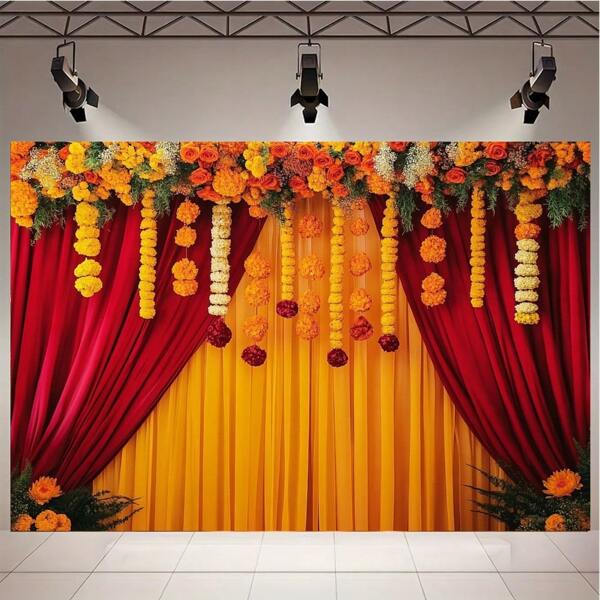 Polyester Diwali And Festival Celebration Background - Vibrant Wedding And Holiday Banner With Floral Wreath And Yellow Sheer Curtains, Party Decor