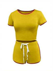 Women's 2 Pieces Sports Tracksuit Set, Short Sleeve Round Neck Top + High Waist Short Pants Sets - Yellow - View 2