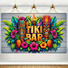 1 Vibrant Tiki Bar Tropical Floral And Totem Design Banner - Hawaiian Beach-Themed Backdrop Perfect For Party Decorations, Photo Booths, Outdoor And Garden Events