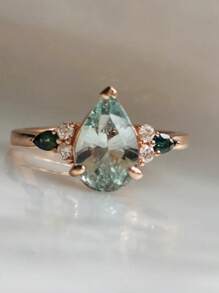 1pc Fashionable Green Cubic Zirconia Heart Shaped Ring, Suitable For Women Daily Wear